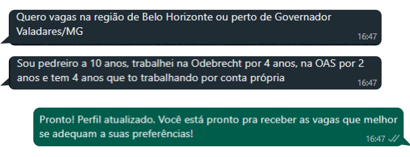 Conversa no WhatsApp mostrando perfil de trabalhador atualizado